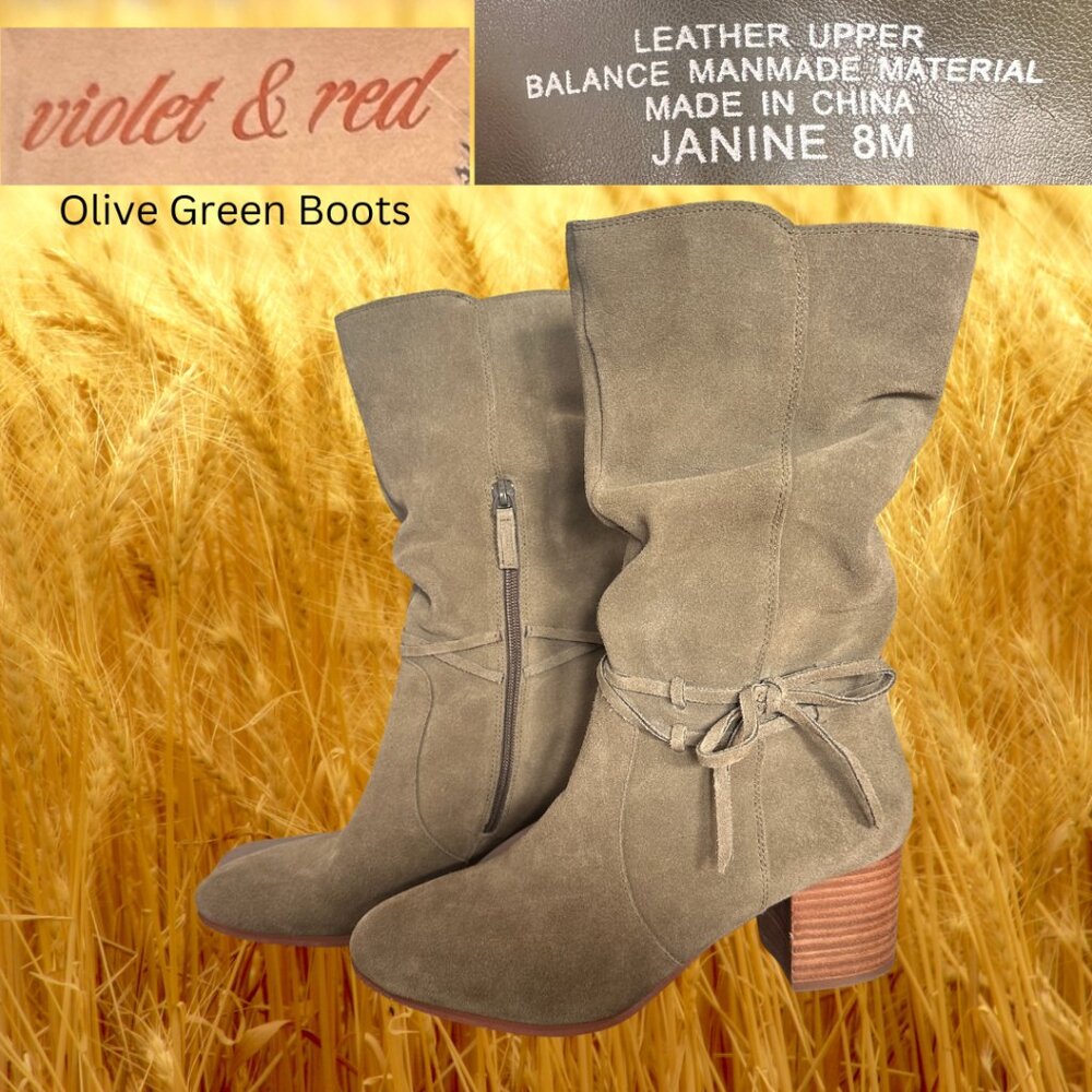Violet and Red brand Olive Green Leather Janine Boots with Heel 8
